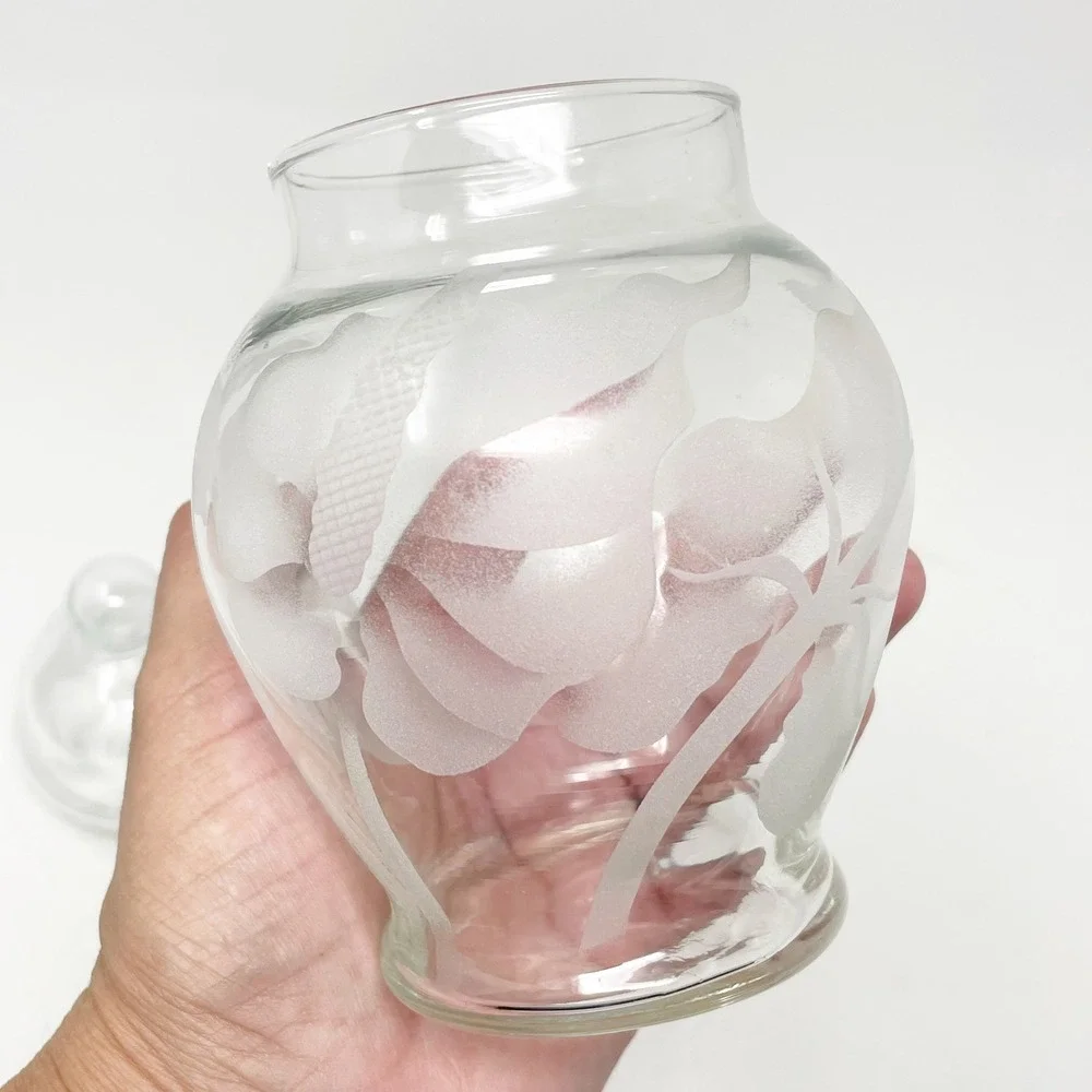 Glass Apothecary Jar 6.75 Inches Clear Excellent Frosted Floral Etched Lid